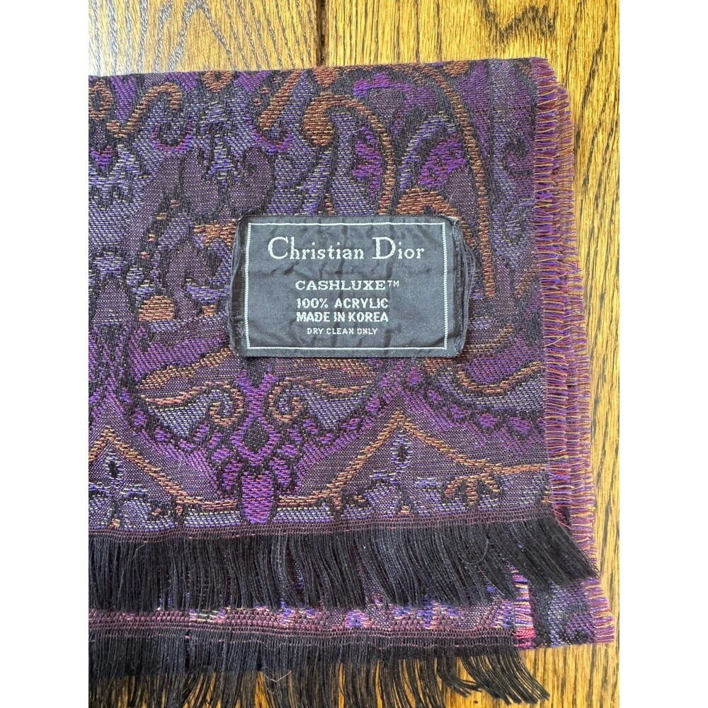 Christian Dior Cashluxe Vintage Scarf 100% Acrylic, Made In Korea, Purple/Gold